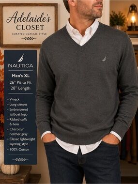 Nautica Men’s XL Charcoal Gray V-Neck Sweater Classic Brand Logo